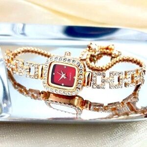 Red Square Faced Rhinestone & Gold Bolo Watch